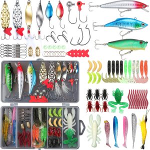 Fishing Lures Set Fish Lure kit for Bass Trout Salmon Freshwater Fish Tackle kit Including Plastic Shrimp Worm Bait Spoon Grasshopper Crankbait Jigs Hooks Fishing Gear and Equipment