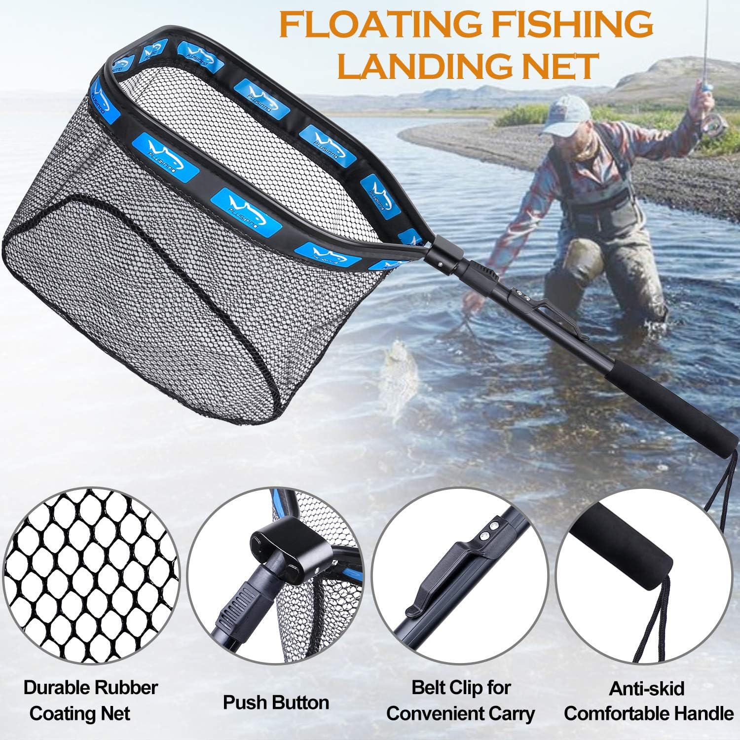 PLUSINNO Floating Fishing Net for Steelhead, Salmon, Fly, Kayak, Catfish, Bass, Trout Fishing, Rubber Coated Landing Net for Easy Catch & Release, Compact & Foldable for Easy Transportation & Storage - Image 2